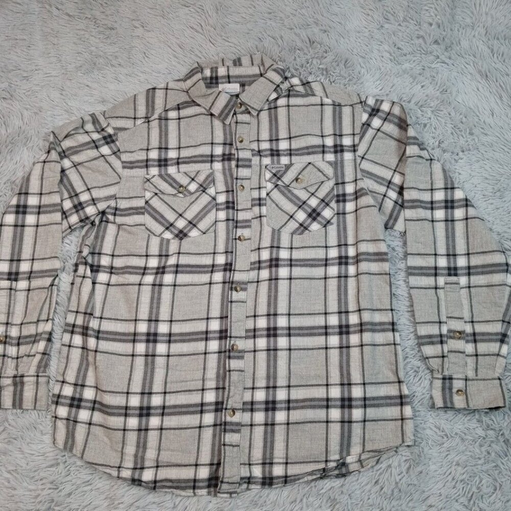 Columbia Mens Shirt Button Up Gray L Pockets Plaid Casual Outdoors Preppy